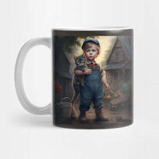 Young boy in his denim coveralls carrying his cat. Mug